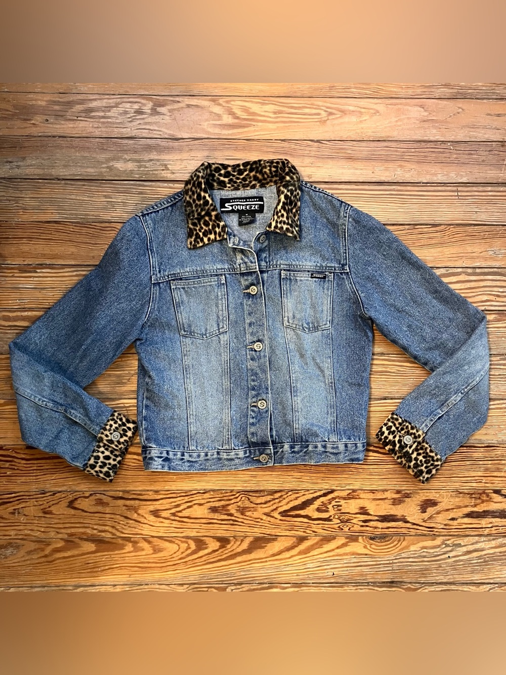 Vintage cheetah print trimmed denim jacket size M